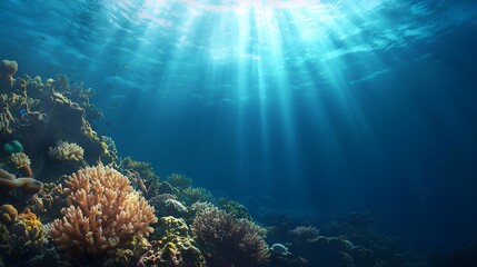 Obraz premium Underwater Ocean Scene with Coral Reef and Sun Rays - Marine Life Photography