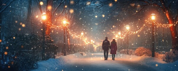 A romantic snowy evening scene with a couple walking hand-in-hand under twinkling lights, 4k photo.
