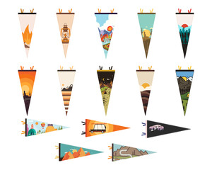 Camping adventure pennant flags design set. Outdoor hiking graphics collection. Mountains pendant artwork. Stock illustration