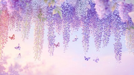 Wisteria flowers fall in soft shades of purple, mauve and blue, the sky is pastel pink and rose pink. Creating a romantic and serene atmosphere, with delicate butterflies flying among the flowers.