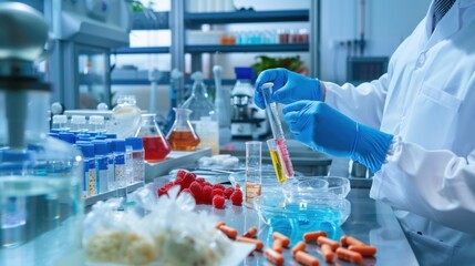 A food scientist conducting quality tests in a food processing plant, with samples and testing equipment around, Food processing lab scene