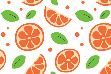 Seamless vector pattern with vibrant orange slices, half slices, green leaves, and decorative dots. Ideal for backgrounds, packaging, and fresh, fruity designs, tropical resort and summer vibes