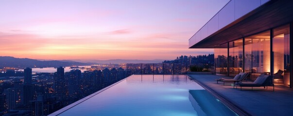 A rooftop infinity pool overlooking a cityscape at dusk, 4k photo.