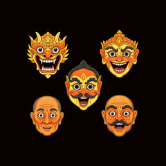An illustration showcasing a set of five Balinese masks with varied expressions and ornate details.