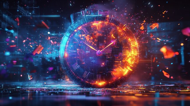 Fiery digital clock exploding with data.