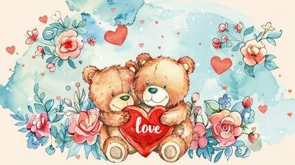 Two cute teddy bears hugging, holding a red heart with the word "love" on it, in a clip art style, watercolor illustration