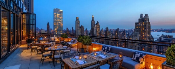 A rooftop restaurant with panoramic city views and stylish seating arrangements, 4k photo.