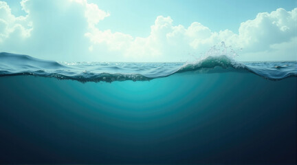 Naklejka premium Waves lap gently against the shoreline under a bright sky with fluffy clouds during a peaceful afternoon