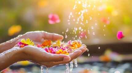 Hands Pouring Water with Flower Petals During Thai Songkran Festival, Symbolizing Renewal and Joy