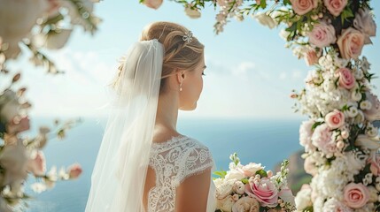 
Bride in front of wedding festive flower arch with sea view