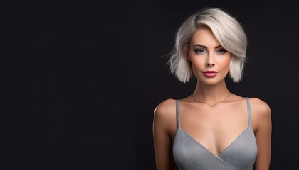 Fototapeta premium studio portrait of a blonde woman with short hair and nude shoulders wearing a low cut grey mini dress on a black background, fashion photography 