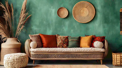 Bohemian-style seating with earthy tones and natural elements for a relaxing atmosphere.