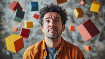 Man experiences relief as chaotic thoughts transform into organized geometric shapes in a vibrant visual representation of mental clarity