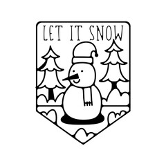 Christmas silhouette badge element. Winter line art label design. Christmas snowman linear print for t-shirt, cards, stickers. Stock Christmas silhouette artwork