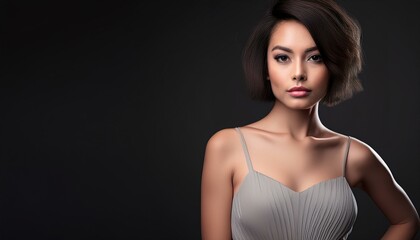 Fototapeta premium studio portrait of a brunette woman with short hair and nude shoulders wearing a low cut grey mini dress on black background 