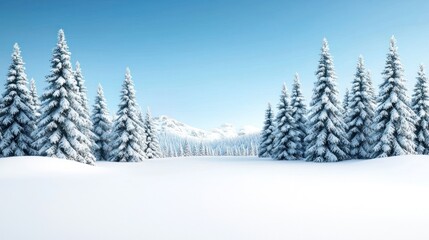 Obraz premium Snow-covered landscape with evergreen trees under a clear blue sky.