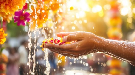 Hands Pouring Water with Flower Petals During Thai Songkran Festival, Symbolizing Renewal and Joy