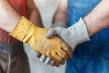 Two workers shake hands, symbolizing collaboration and partnership in industry.