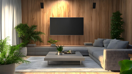 Cozy room with a soft couch, wooden details, and ambient lighting creating a relaxing vibe.