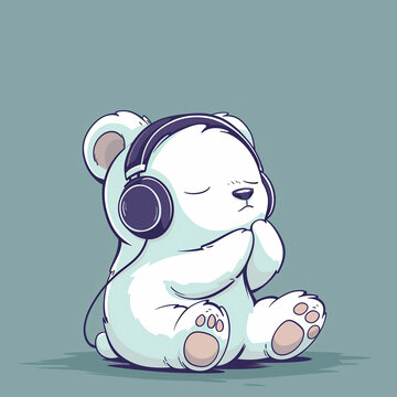 recommend clip art: Cute teddy bear listening to music, wearing headphones, sitting on the floor, eyes closed