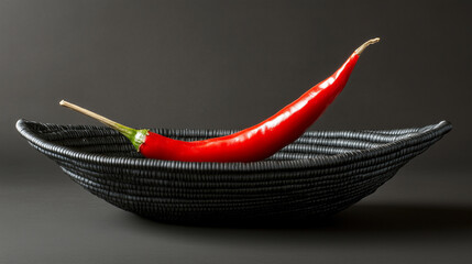 A stark, black basket with one bright red chili pepper, its shine contrasting with the basket's texture.
