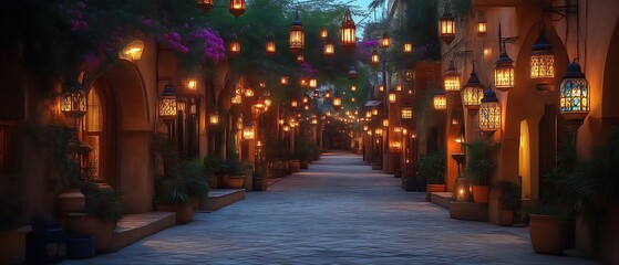 Romantic, illuminated alleyway at night.