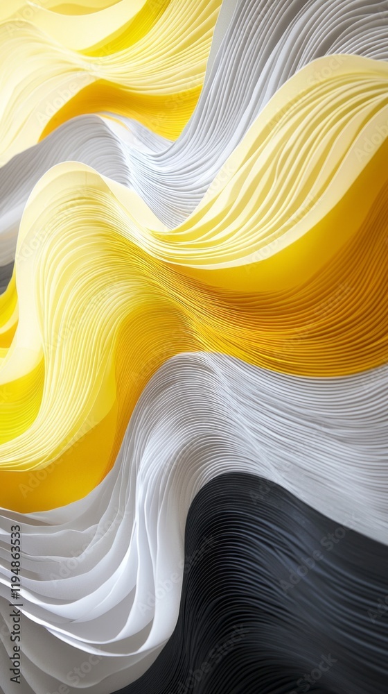 Poster flowing curves of vibrant yellow, white, and black engage the viewer, creating an enchanting visual 