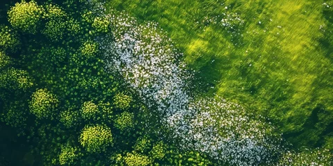Aerial view of vibrant green grass and white flower meadows with scattered circular trees in lush landscape capturing nature's beauty.