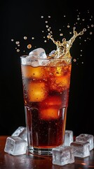 Cola drink ice cubes glass splash droplets amber