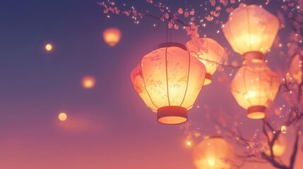 Obraz premium Illuminated Lanterns Adorn A Blooming Cherry Blossom Tree