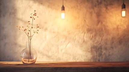 Artistic lighting and wooden decor create a warm, inviting atmosphere in the room.