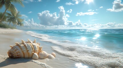 A tropical, summer beach scene with palm trees, seashells, and azure waters, inviting you to relax in the sun and surf of the seasonal paradise, seasonal serenity ::2 sandy shores, ocean waves, 