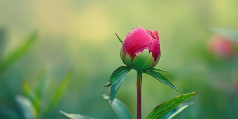 Peony bud in vibrant pink with green leaves centered against a soft blurred green background showcasing nature's renewal and beauty.