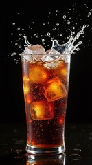 Cola drink ice cubes glass splash droplets amber