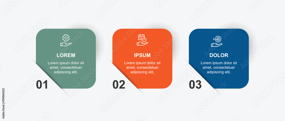Poster 3 step infographic template. Banner presentation with icons and columns. Vector illustration suitable for business information and web graphic design.