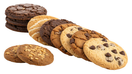 Assorted Delicious Cookies, Isolated on White Background, Chocolate Chip, Oatmeal, Stack, Variety, Cookies, Bakery, Food