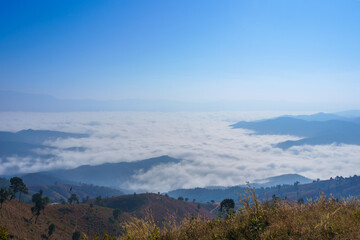 Beautiful scenery of the sea of mist in the morning at the Car Camping site with a viewpoint nature at Doi Ba Lu Kho Mountain in Mae Chaem, Chiang Mai, Thailand. Background concept.
