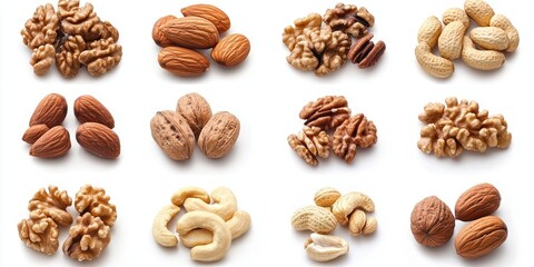 A diverse assortment of nuts including walnuts almonds pecans and cashews arranged in a grid pattern on a white background
