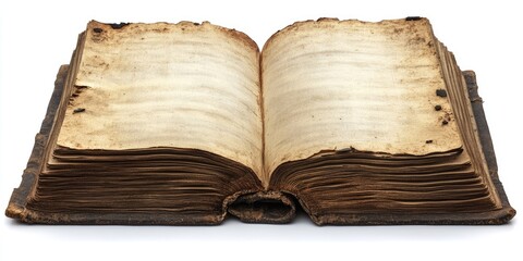 Aged open book with worn pages and distressed edges positioned centrally on a white background highlighting texture and historical detail
