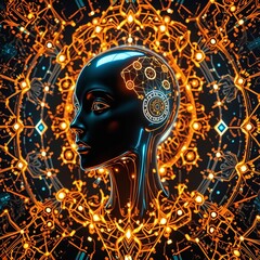 A futuristic interactive display featuring 3D holograms and complex digital designs.