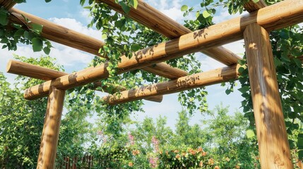 Fototapeta premium Wooden pergola adorned with lush greenery under a blue sky.