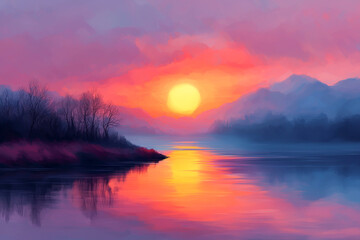 Fototapeta premium Vibrant sunset over serene river reflecting colorful sky and mountains.