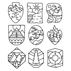 Camping silhouette badges set design. Adventure logo graphics. Outdoor nature label monochrome collection. Stock hiking artwork isolated