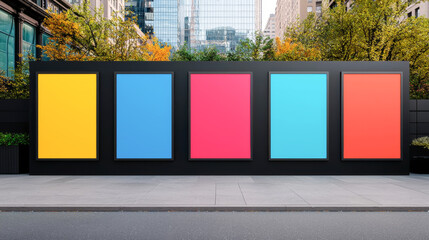 Vibrant urban wall with colored panels enhancing the city landscape.