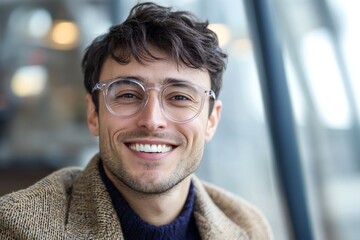 Fototapeta premium Smart businessman smiling at camera, wearing trendy transparent glasses