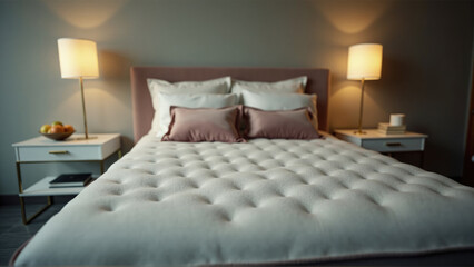 Elegant bedroom setup with plush bedding and soft lighting in a contemporary design