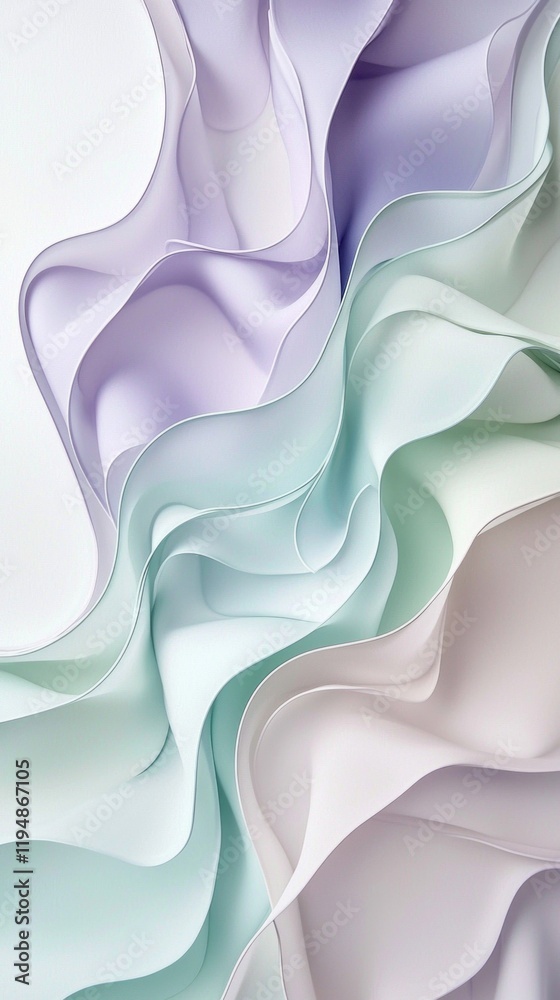 Poster soft, undulating waveforms in pastel lavender and subtle mint green blend together, evoking a tranqu