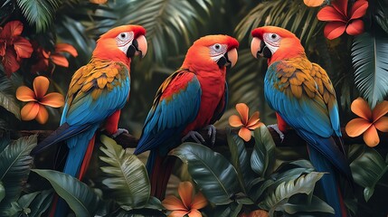 Obraz premium Vibrant composition showcasing a group of colorful parrots amidst tropical blooms, vibrant feathers, vector graphic, black background ::2 tropical symphony, avian beauty, vivid plumage, exotic 