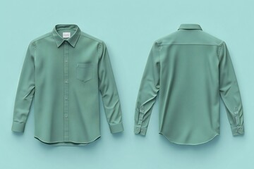 green casual or business button up shirt mockup template, front and back view. blank mock up design, soft blue background