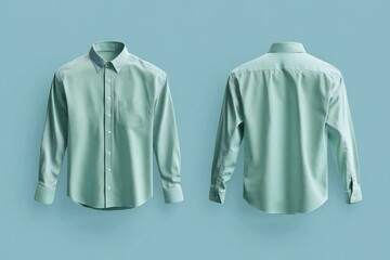 green casual or business button up shirt mockup template, front and back view. blank mock up design, soft blue background